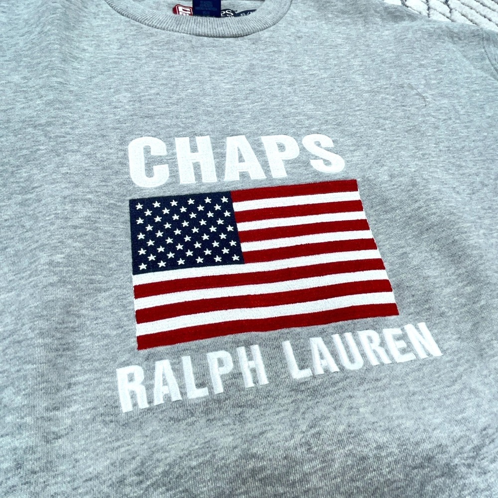 Vintage Chaps Ralph Lauren Sweatshirt Men XL Gray USA American Flag Sweater 90s - Picture 2 of 12